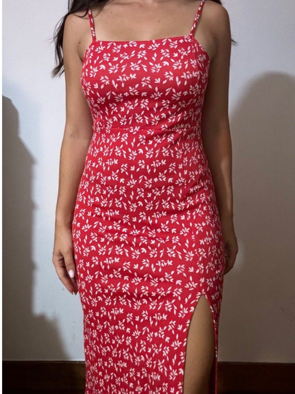 Zara Red Floral Midi Dress with Side Slit